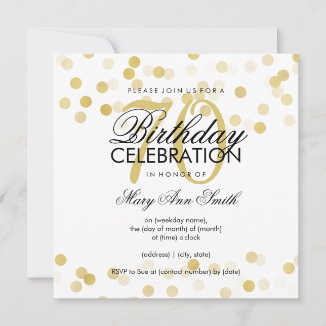 70th Birthday Party Faux Gold Foil Glitter Lights Invitation (Front)