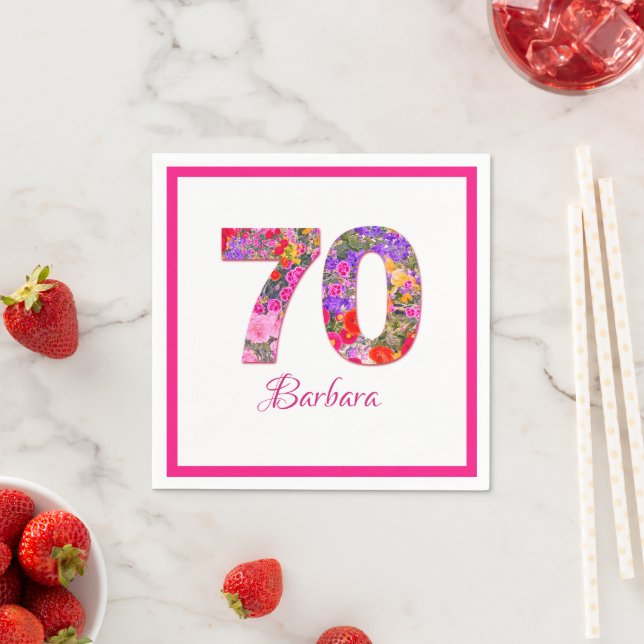 70th birthday party floral pink frame napkins (Insitu)