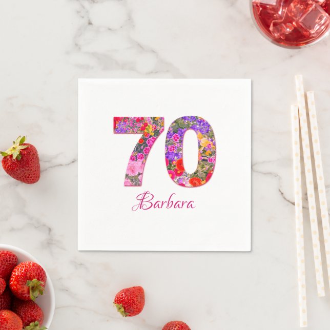 70th birthday party floral pink purple napkins (Insitu)