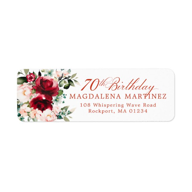 70th Birthday Party Floral Return Address Label (Front)