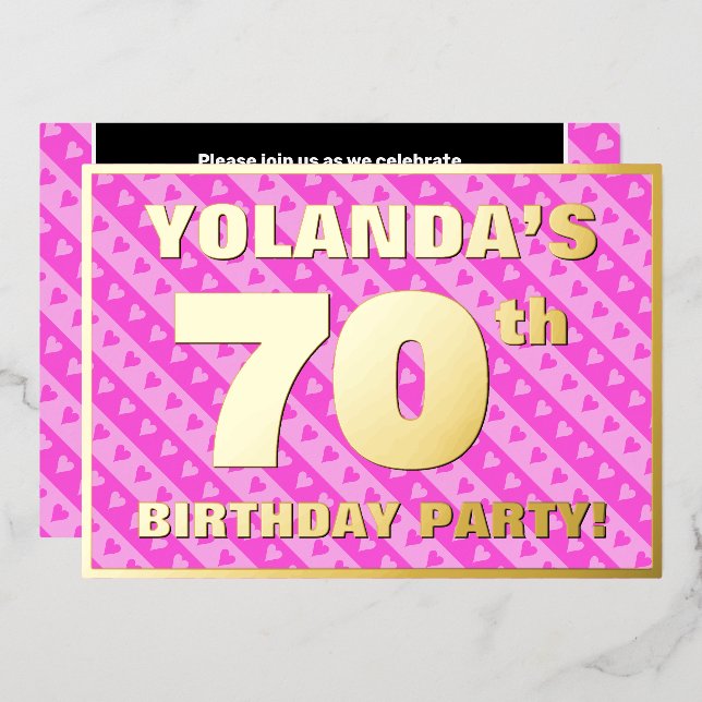 70th Birthday Party — Fun Pink Hearts and Stripes (Front/Back)