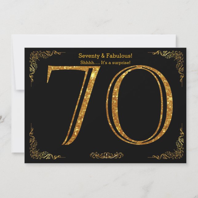 70th Birthday party,Gatsby styl,black gold glitter Invitation (Front)