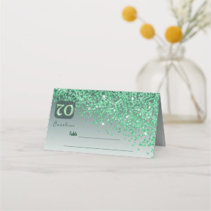70th Birthday Party Glam Green Glitter Place Card