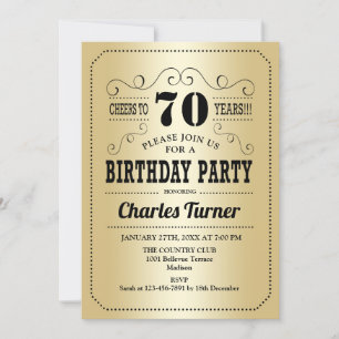 70th Birthday Party - Gold Black Invitation