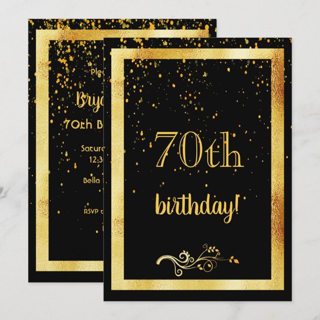 70th birthday party gold frame black invitation (Front/Back)
