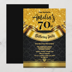 70th Birthday Party Gold Glitter-Black Elegant Invitation
