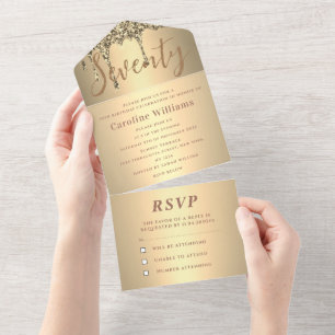 70th Birthday Party Gold Glitter Drip Modern All In One Invitation