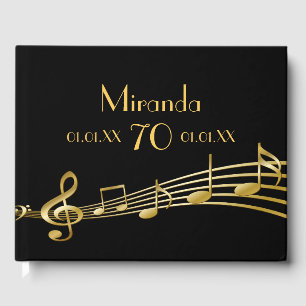 70th birthday party gold music notes on black guest book