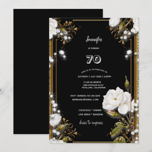 70th Birthday/Party Gold Ornate Frame White Flower Invitation