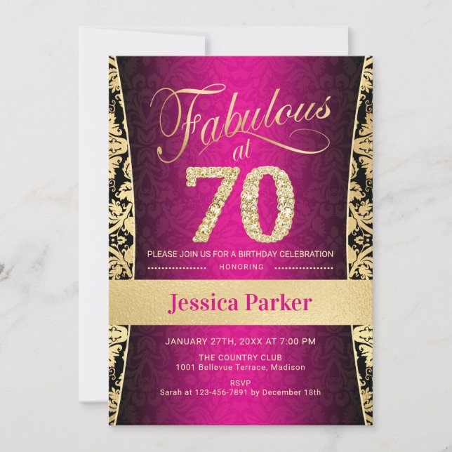 70th Birthday Party - Gold Pink Black Invitation (Front)