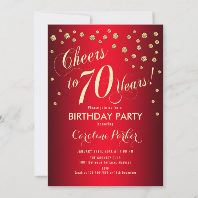 70th Birthday Party - Gold Red Invitation (Front)