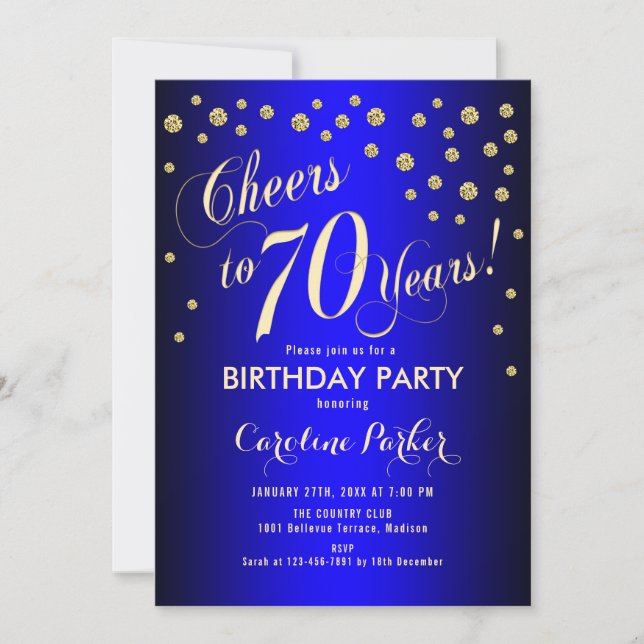 70th Birthday Party - Gold Royal Blue Invitation (Front)