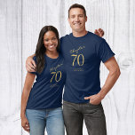 70th Birthday Party Gold Script Blue T-Shirt<br><div class="desc">Discover the ultimate 70th birthday party essential,  our Gold Script Blue T-Shirt! This fashionable and top-quality tee is not only comfortable but also adds a touch of elegance to your special day. Get ready to receive compliments and make unforgettable memories with this dazzling attire!</div>