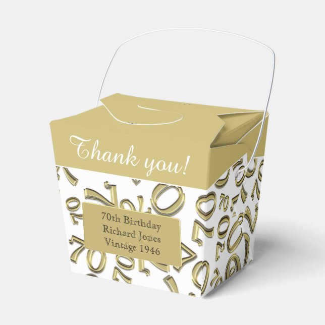 70th Birthday Party Gold/White Number Pattern Favor Box (Front Side)