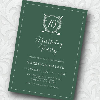 70th Birthday Party Golf Crest Elegant Script Sage Invitation