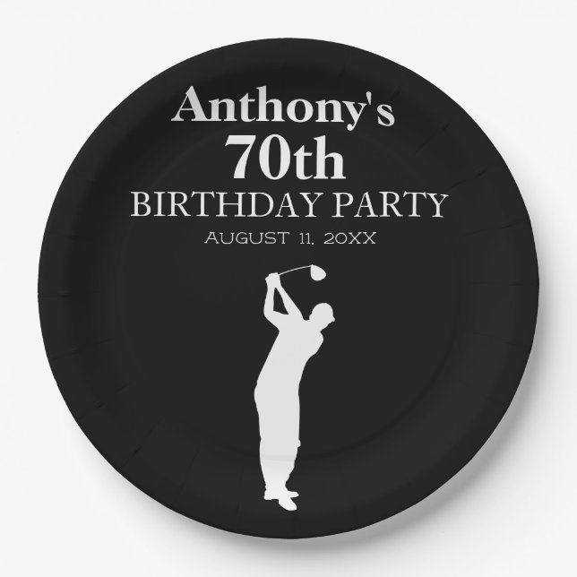 70th Birthday Party Golfer Black Par Seventieth  Paper Plate (Front)