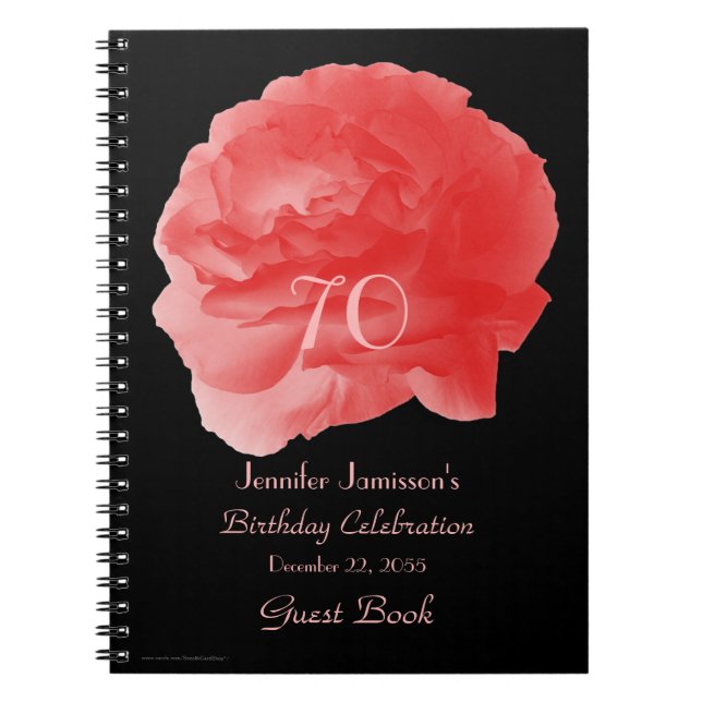 70th Birthday Party Guest Book, Coral Rose Petals  Notebook (Front)