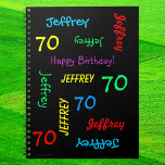 70th Birthday Party Guest Book, Repeat Name Black Notebook<br><div class="desc">What a wonderful, personalized spiral notebook Guest Book for a 70th birthday party or any other occasion. On the cover, Name and Age repeats in different fonts and primary colours on a black background. Easy to personalize - just CHANGE NAME, AGE, and OCCASION in ONE PLACE. Supports name up to...</div>