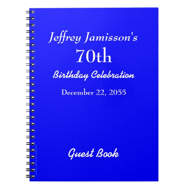 70th Birthday Party Guest Book Royal Blue Spiral   (Front)
