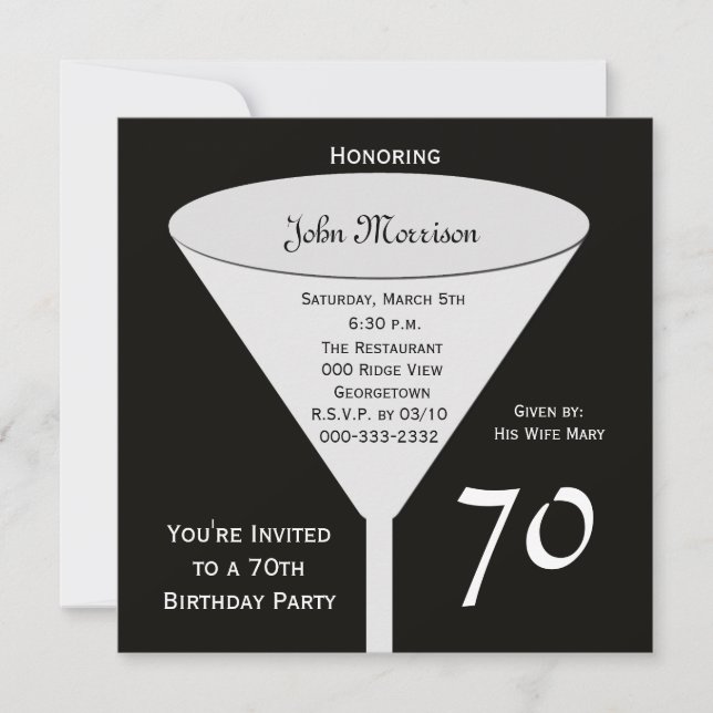 70th Birthday Party Invitation 70 in Black (Front)