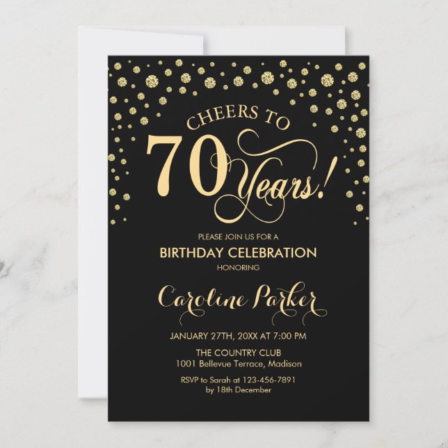 70th Birthday Party Invitation - Gold Black (Front)