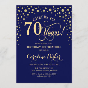 70th Birthday Party Invitation - Gold Navy Blue