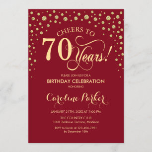 70th Birthday Party Invitation - Gold Red