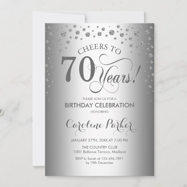 70th Birthday Party Invitation - Silver (Front)