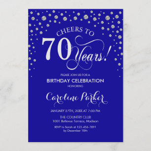 70th Birthday Party Invitation - Silver Royal Blue