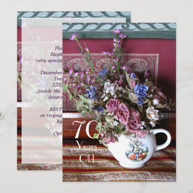 70th Birthday Party Invitation, Vintage Teapot Invitation (Front/Back)