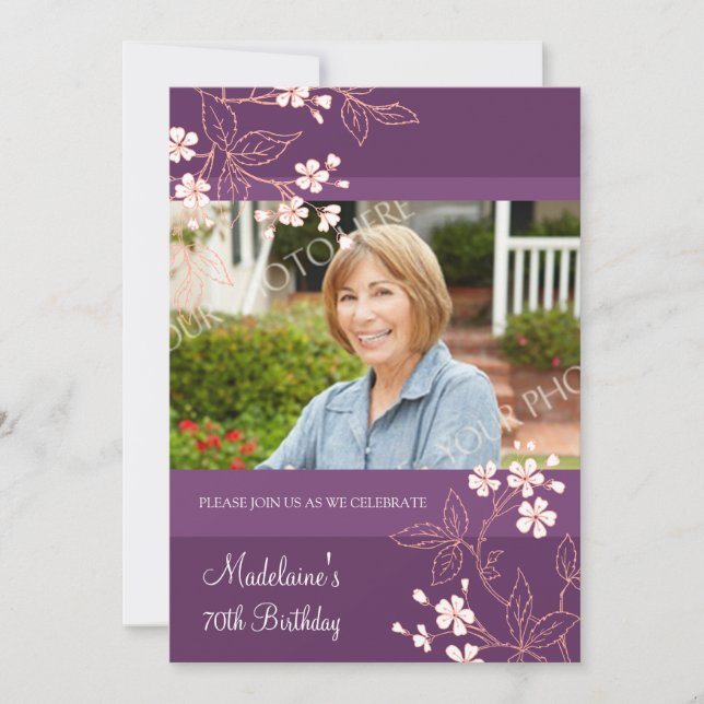 70th BIrthday Party Invitations Plum Coral Flowers (Front)