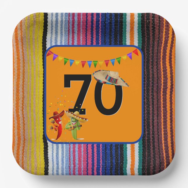 70th Birthday Party Mexican Design Paper Plate (Front)