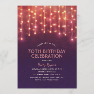 70th Birthday Party Modern Glitter String Lights Invitation