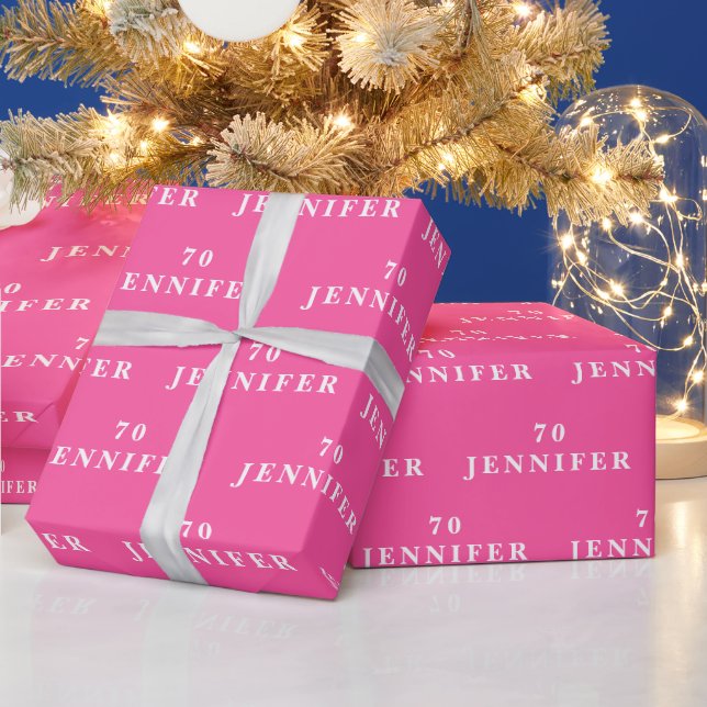 70th Birthday Party Name Hot Pink Modern Pattern Wrapping Paper (Holidays)