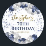70th Birthday Party Navy Balloons Classic Round Sticker<br><div class="desc">A gorgeous 70th birthday party or celebration gift sticker. This fabulous navy blue and silver balloons design is the perfect sticker to decorate favours for a 70th celebration or seventieth party.</div>