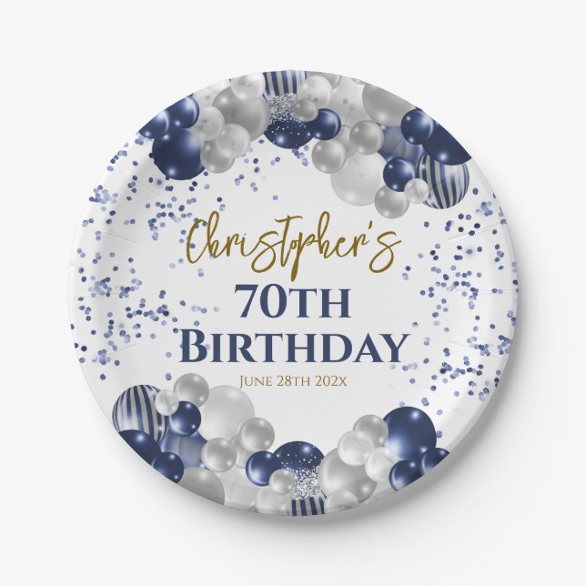 70th Birthday Party Navy Balloons Paper Plate (Front)