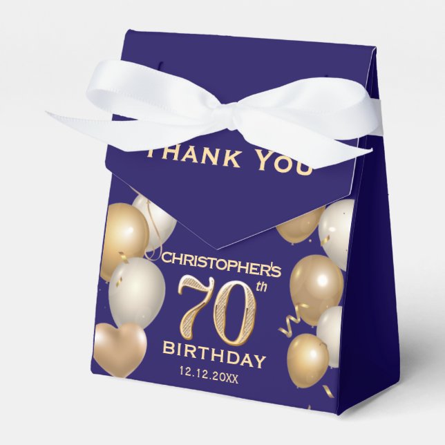 70th Birthday Party Navy Blue and Gold Balloons Favor Box (Front Side)