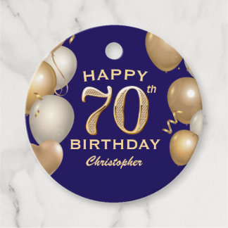 70th Birthday Party Navy Blue and Gold Balloons Favour Tags