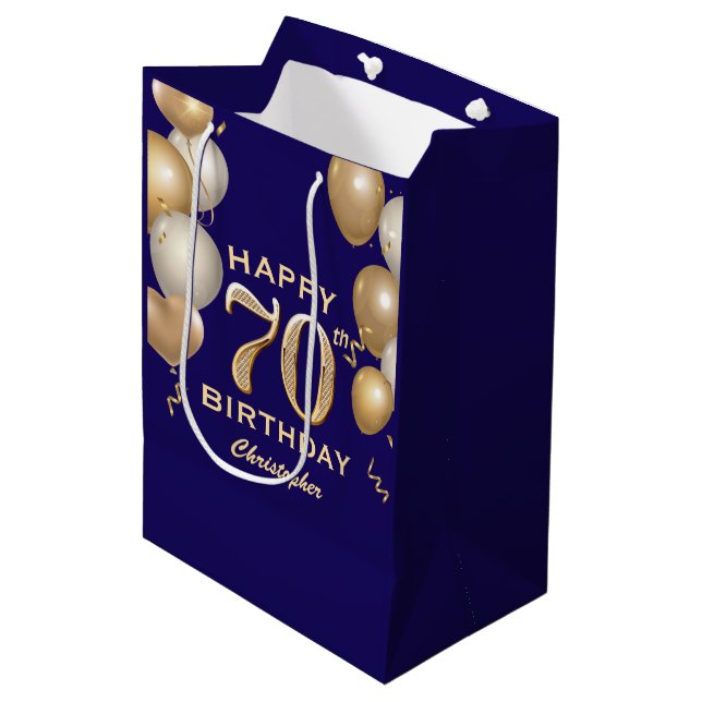 70th Birthday Party Navy Blue and Gold Balloons Medium Gift Bag (Front Angled)