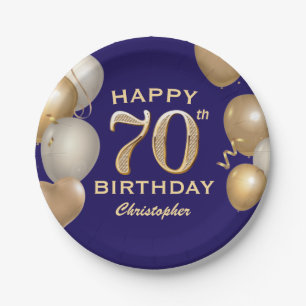 70th Birthday Party Navy Blue and Gold Balloons Paper Plate