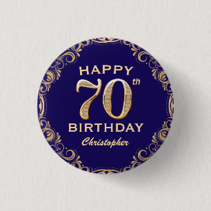 70th Birthday Party Navy Blue and Gold Glitter 1 Inch Round Button