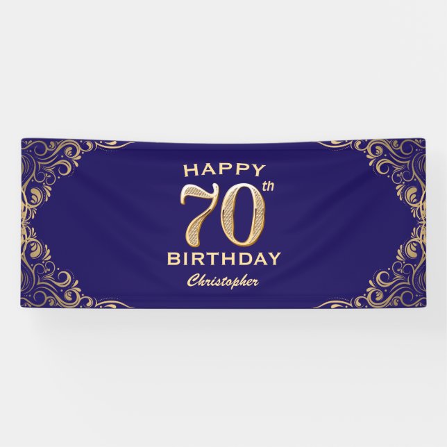 70th Birthday Party Navy Blue and Gold Glitter Banner (Horizontal)