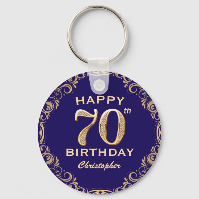 70th Birthday Party Navy Blue and Gold Glitter Keychain (Front)