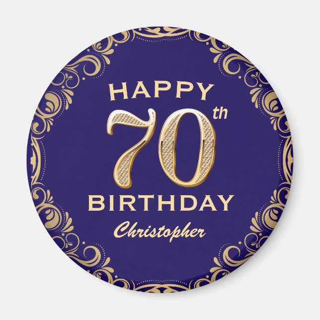 70th Birthday Party Navy Blue and Gold Glitter Magnet (Front)