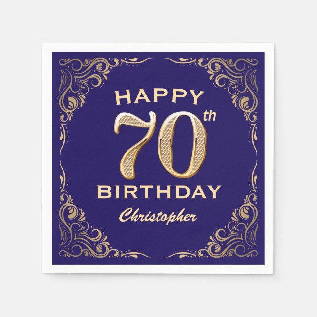70th Birthday Party Navy Blue and Gold Glitter Napkin (Front)