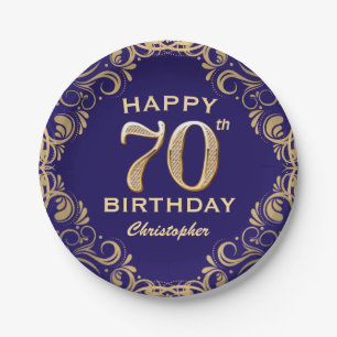 70th Birthday Party Navy Blue and Gold Glitter Paper Plate