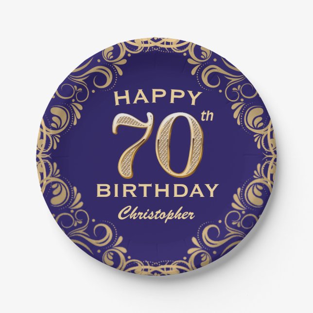 70th Birthday Party Navy Blue and Gold Glitter Paper Plate (Front)