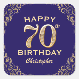 70th Birthday Party Navy Blue and Gold Glitter Square Sticker