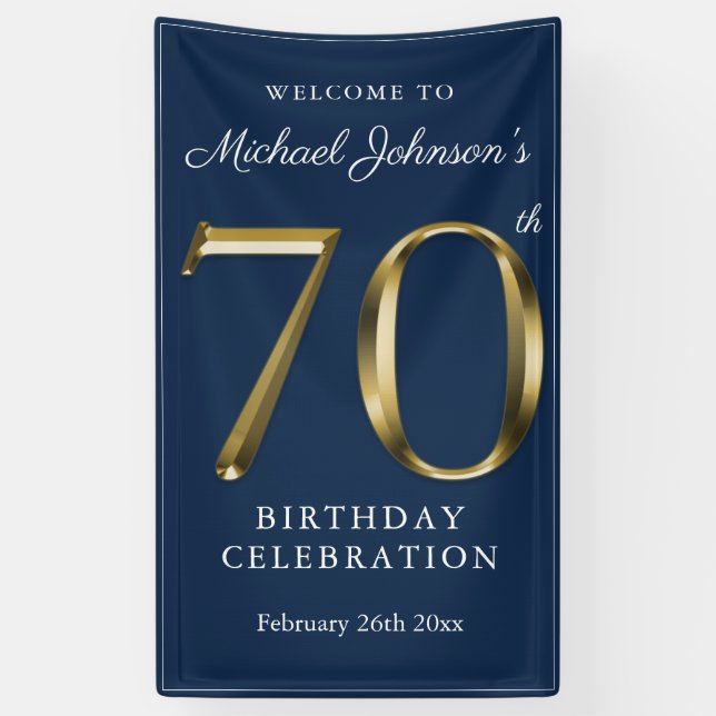 70th Birthday Party Navy Blue Gold Elegant Welcome Banner (Vertical)