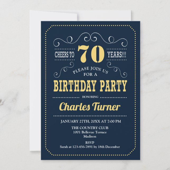 70th Birthday Party - Navy Gold Invitation (Front)